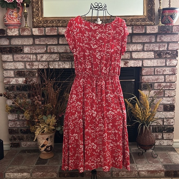 Red Indigo Rose Dress With White Floral Pattern V-Neck Sz L - Picture 5 of 6